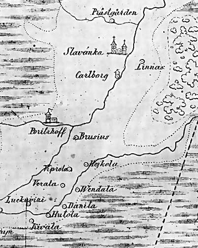 Шведская карта середины XVII века. В центре сохранившиеся до наших дней 
деревни Порицы, Гайколово, Киволово.